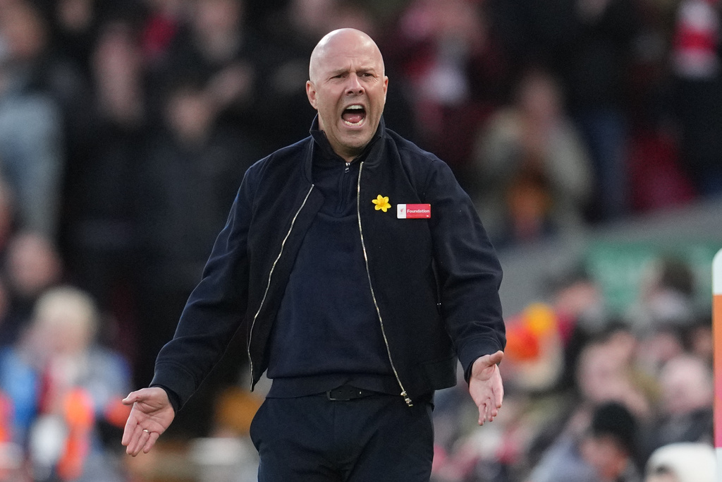 Liverpool's manager Arne Slot reacts during the Premier League soccer match between Liverpool and Tottenham in Liverpool, England, Sunday, March 15, 2026. (AP Photo/Jon Super)