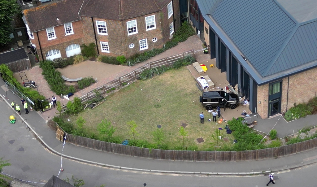 A Land Rover Defender inside the grounds of The Study Preparatory School in Camp Road, Wimbledon, south London, on July 6, 2023. (Yui Mok/PA via AP)