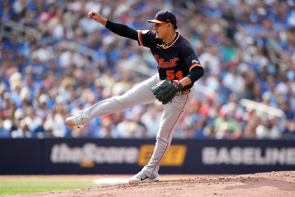 Detroit Tigers pitcher Keider Montero (54) makes a pitch against the Toronto Blue Jays during the first inning of a baseball game in Toronto, Wednesday, Sept. 16, 2026. (Nathan Denette/The Canadian Press via AP)