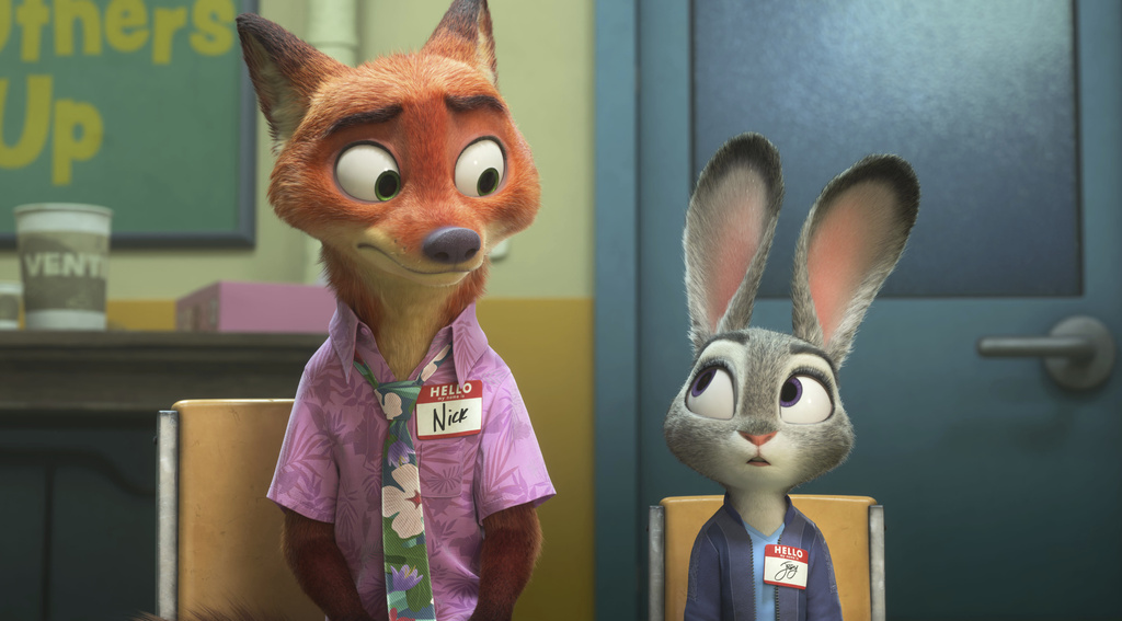 This image released by Disney shows Nick Wilde, voiced by Jason Bateman, left, and Judy Hopps, voiced by Ginnifer Goodwin, in a scene from "Zootopia 2." (Disney via AP)