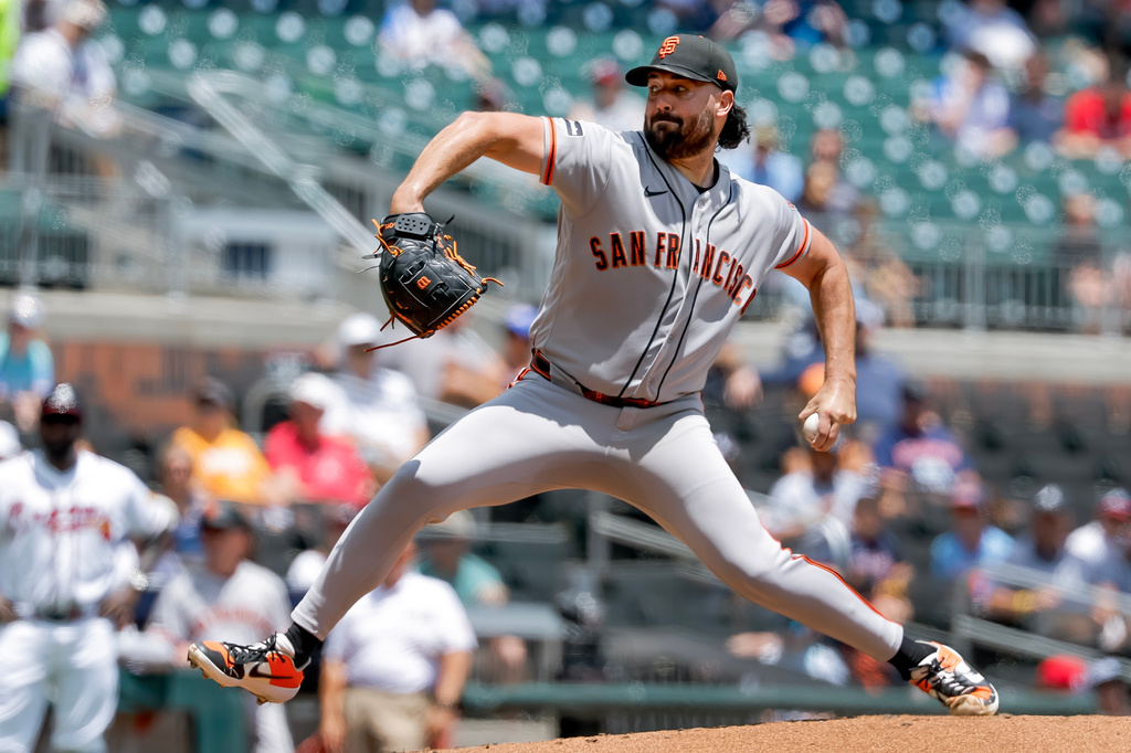 San Francisco Giants pitcher Robbie Ray delivers to an Atlanta Braves batter during the third inning of a baseball game, Wednesday, June 17, 2026, in Atlanta. (AP Photo/Erik S. Lesser)