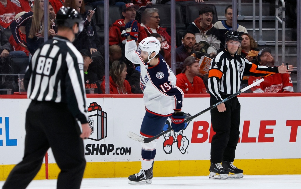 Columbus Blue Jackets center Adam Fantilli (19) celebrates his goal against the Detroit Red Wings during the first period of an NHL hockey game Saturday, Nov. 22, 2025, in Detroit. (AP Photo/Duane Burleson)