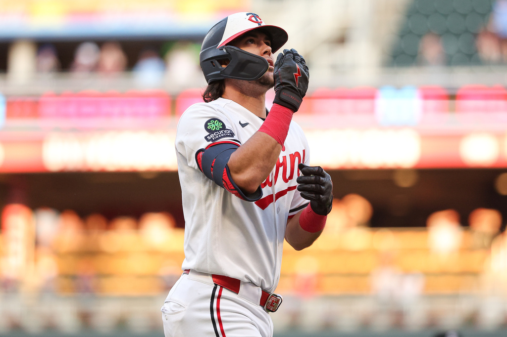 Minnesota Twins' Tristan Gray celebrates after his grand slam against the Chicago White Sox during the fourth inning of a baseball game, Monday, June 1, 2026, in Minneapolis. (AP Photo/Matt Krohn)
