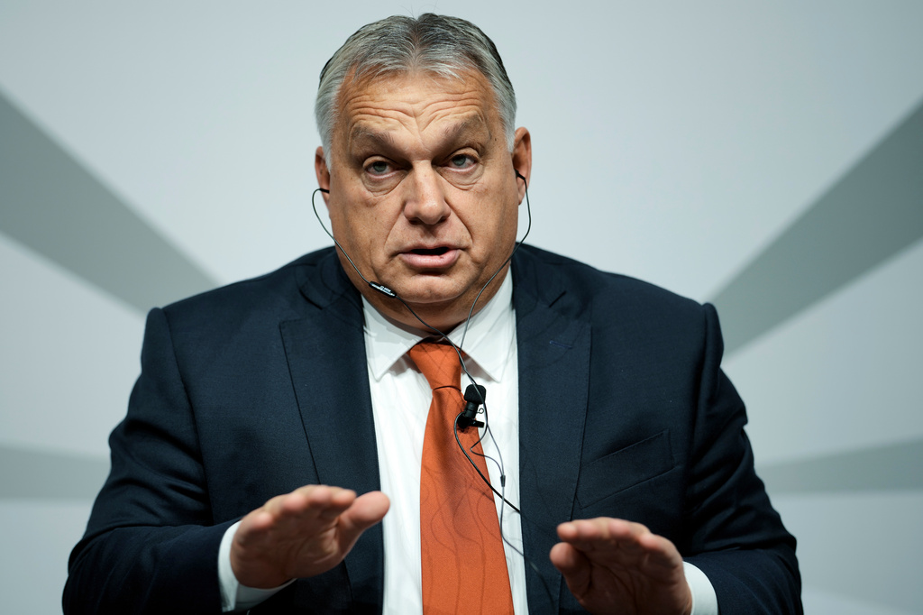 FILE -Hungarian Prime Minister Viktor Orban speaks during a panel discussion organised by publisher houses about 'Storm over Europe - the Ukraine war, the energy crisis and geopolitical challenges' in Berlin, Germany, Oct. 11, 2022. (AP Photo/Markus Schreiber), File)