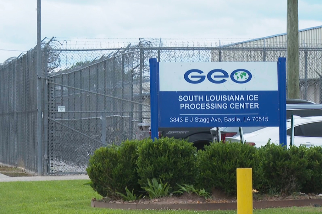 This image taken from video shows the South Louisiana ICE Processing Center in Basile, La., April 7, 2025. (AP Photo/Stephen Smith)