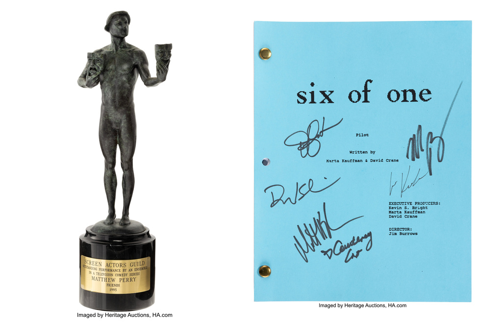 This combination of photos released by Heritage Actions show a Screen Actors Guild Award belonging to Matthew Perry, left, and a cast-autographed copy of the pilot episode of the comedy series "Friends." (Heritage Auctions via AP)