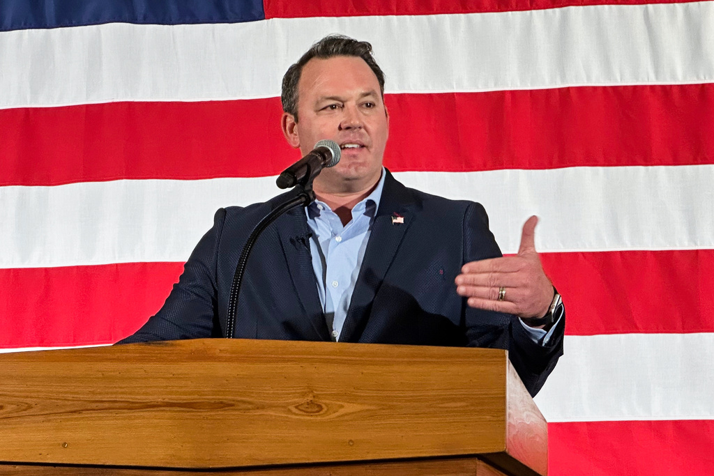 FILE - Georgia Republican Lt. Gov. Burt Jones speaks at a rally kicking off his 2026 campaign for governor, Aug. 26, 2025, in Flovilla, Ga. (AP Photo/Jeff Amy, File)
