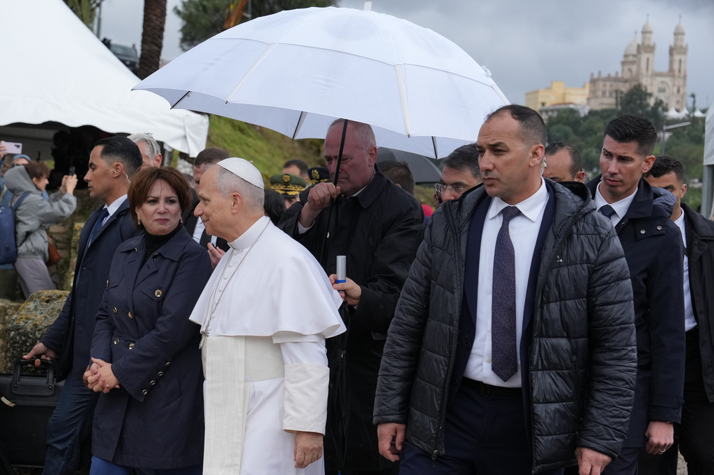 Pope Leo XIV visits the archaeological site of Hippo, in Annaba, Algeria, Tuesday, April 14, 2026, on the second day of an 11-day apostolic journey to Africa. (AP Photo/Andrew Medichini)