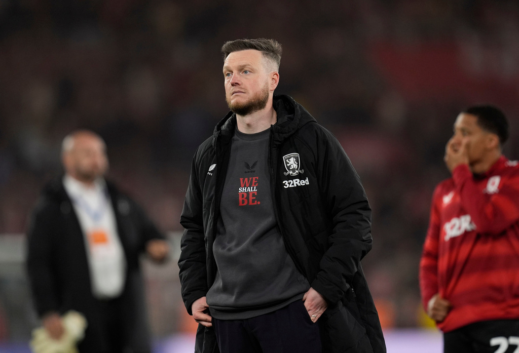 Middlesbrough manager Kim Hellberg reacts after the final whistle at the final whistle in the EFL Championship play off semifinal soccer game between Southampton and Middlesbrough, Tuesday, May 12, 2026, in, Southampton, England. (Andrew Matthews/PA via AP, File)