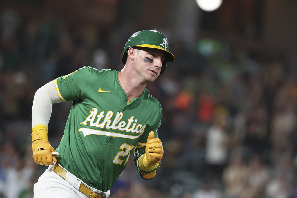 Athletics' Brent Rooker runs the bases after hitting a solo home run during the third inning of a baseball game Saturday, Aug. 30, 2025, in West Sacramento, Calif. (AP Photo/Sara Nevis)