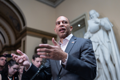 House Minority Leader Hakeem Jeffries, D-N.Y., meets with reporters near the closed House chamber on day 24 of the government shutdown, at the Capitol in Washington, Friday, Oct. 24, 2025. (AP Photo/J. Scott Applewhite) House Minority Leader Hakeem Jeffries, D-N.Y., meets with reporters near the closed House chamber on day 24 of the government shutdown, at the Capitol in Washington, Friday, Oct. 24, 2025. (AP Photo/J. Scott Applewhite)