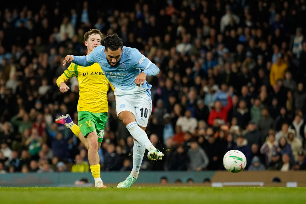 Manchester City's Rayan Cherki scores second goal during the third-round English League Cup soccer match between Manchester City and Norwich City in Manchester, England, Thursday, Sept. 17, 2026. (AP Photo/Dave Thompson