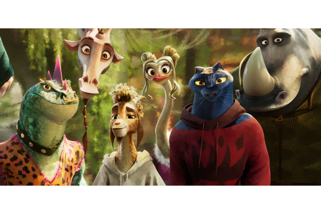 This image released by Sony Pictures shows characters, from left, Modo, voiced by Nick Kroll, Lenny, voiced by Stephen Curry, Will, voiced by Caleb McLaughlin, Olivia, voiced by Nicola Coughlan, Jett, voiced by Gabrielle Union, and Archie, voiced by David Harbour, in a scene from the animated film "GOAT." (Columbia Pictures and Sony Picture Animation via AP)