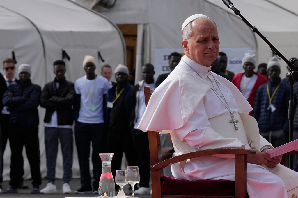 Pope Leo XIV attends a meeting with migrants at the 'Las Raices' center, in San Cristobal de la Laguna, Tenerife, Spain, Friday, June 12, 2026. (AP Photo/Alessandra Tarantino)