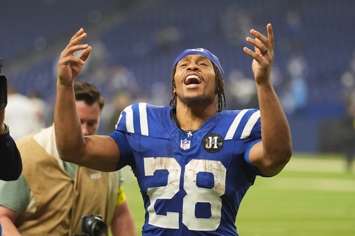 Indianapolis Colts running back Jonathan Taylor celebrates as he leaves the field following an NFL football game against the Tennessee Titans, Sunday, Oct. 26, 2025, in Indianapolis. (AP Photo/Michael Conroy) Indianapolis Colts running back Jonathan Taylor celebrates as he leaves the field following an NFL football game against the Tennessee Titans, Sunday, Oct. 26, 2025, in Indianapolis. (AP Photo/Michael Conroy)