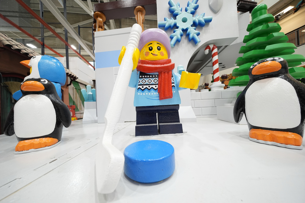 A new Thanksgiving Day float featuring Legos is displayed during a press preview of the new floats at Macy's Parade Studio in Moonachie, N.J., Tuesday, Nov. 18, 2025. (AP Photo/Seth Wenig)