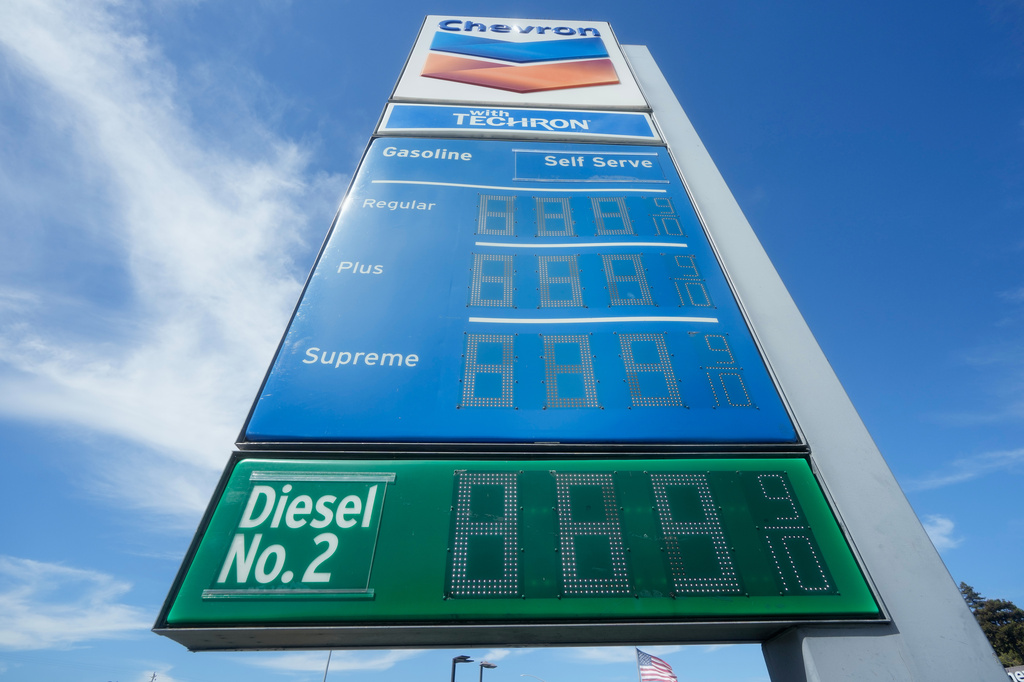The cost of diesel is displayed on the bottom of a gasoline price board at a gas station, Thursday, Sept. 10, 2026, in Mill Valley, Calif. (AP Photo/Jeff Chiu)
