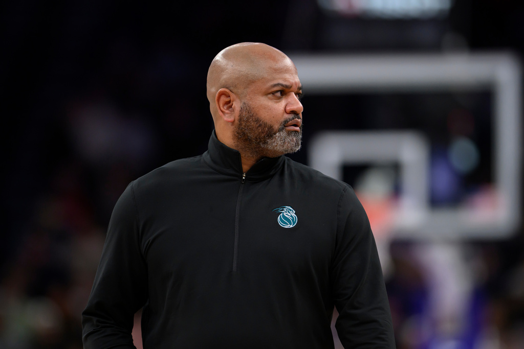 Detroit Pistons head coach J.B. Bickerstaff watches the second half of an NBA basketball game against the Utah Jazz, Friday, Dec. 26, 2025, in Salt Lake City. (AP Photo/Tyler Tate)