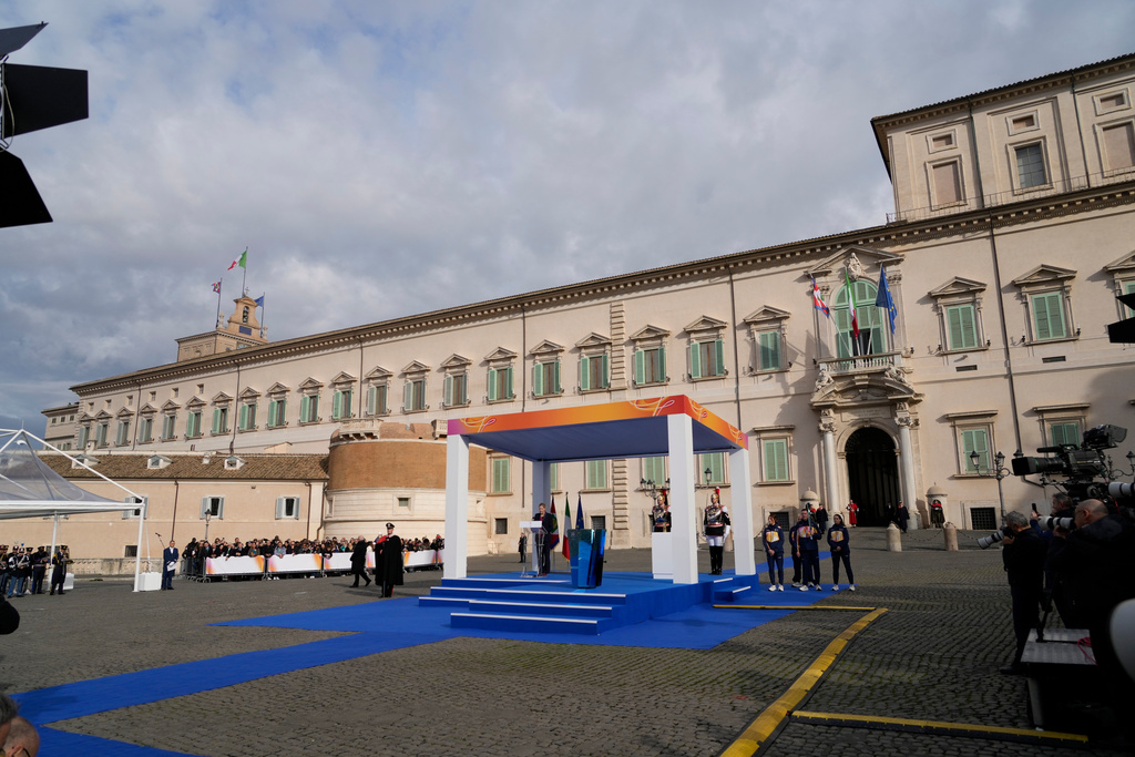 International Olympic Committee President Kirsty Coventry delivers her speech during the Milan Cortina 2026 Winter Olympics cauldron lighting, in front of the Quirinale Presidential Palace, in Rome, Friday Dec. 5, 2025. (AP Photo/Gregorio Borgia)