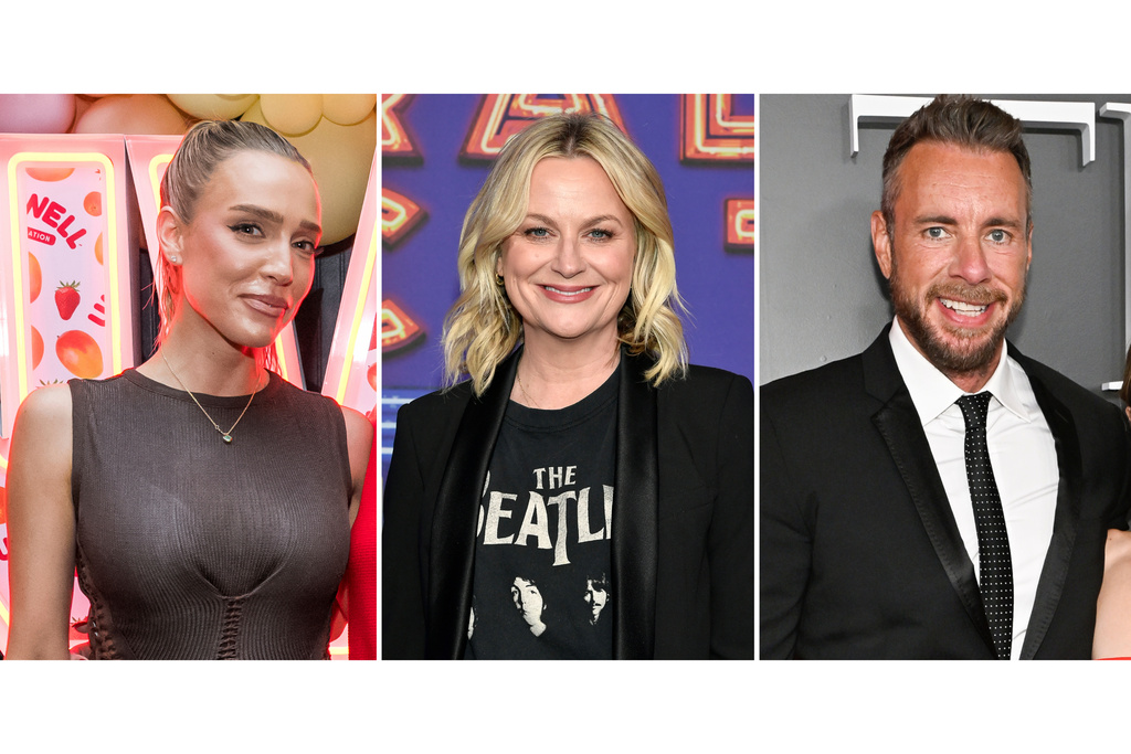 This combination of images shows, from left, Alex Cooper, Amy Poehler, and Dax Shepard. (AP Photo)