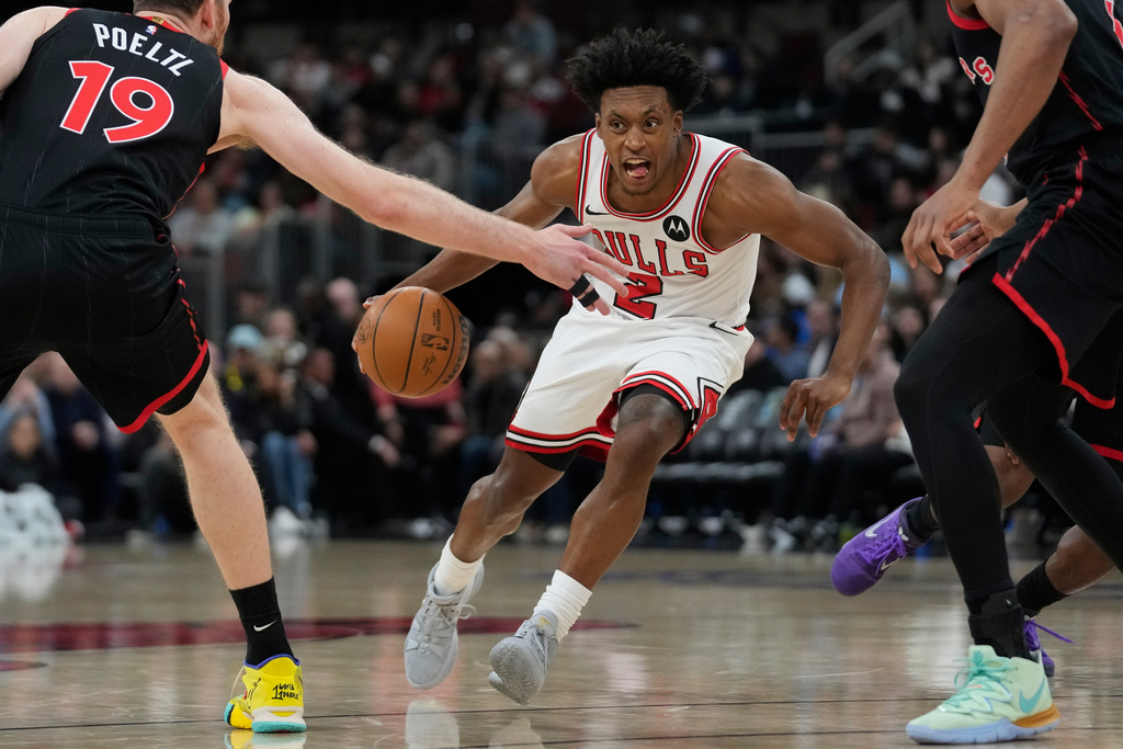 Chicago Bulls guard Collin Sexton (2) handles the ball during the first half of an NBA basketball game against the Toronto Raptors, Thursday, Feb. 19, 2026, in Chicago. (AP Photo/Erin Hooley)