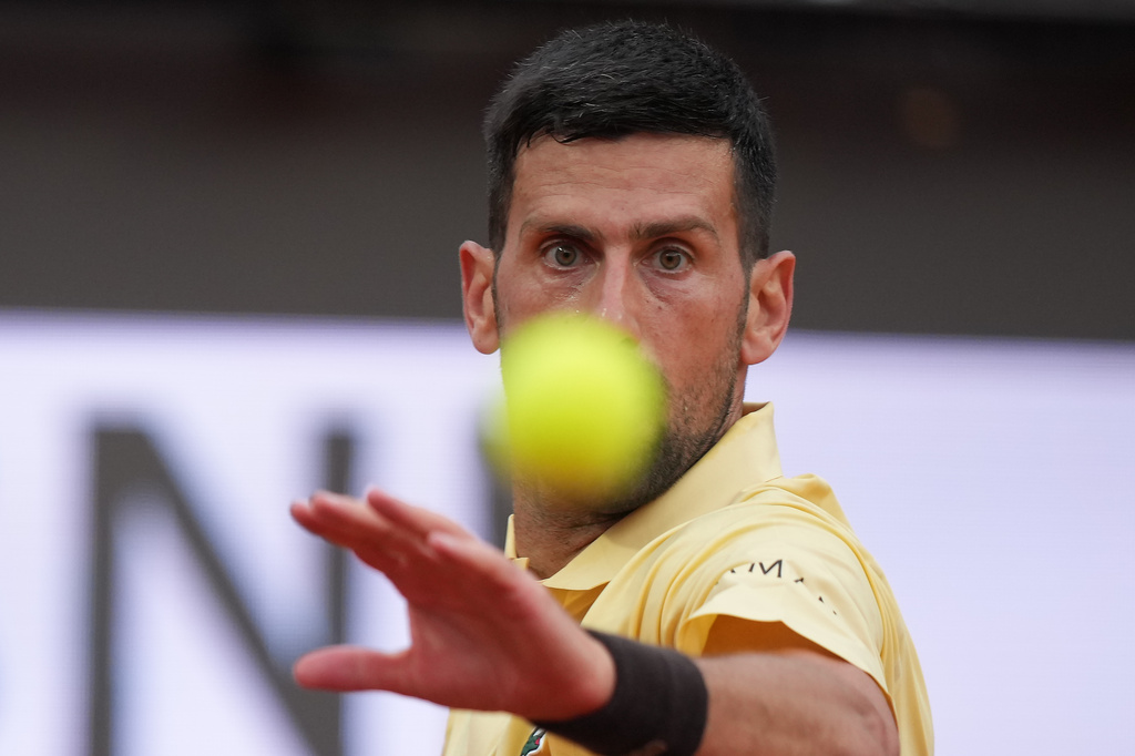Serbia's Novak Djokovic returns the ball to Croatia's Dino Prizmic during their match at the Italian Open tennis tournament, in Rome, Friday, May 8, 2026. (AP Photo/Andrew Medichini)