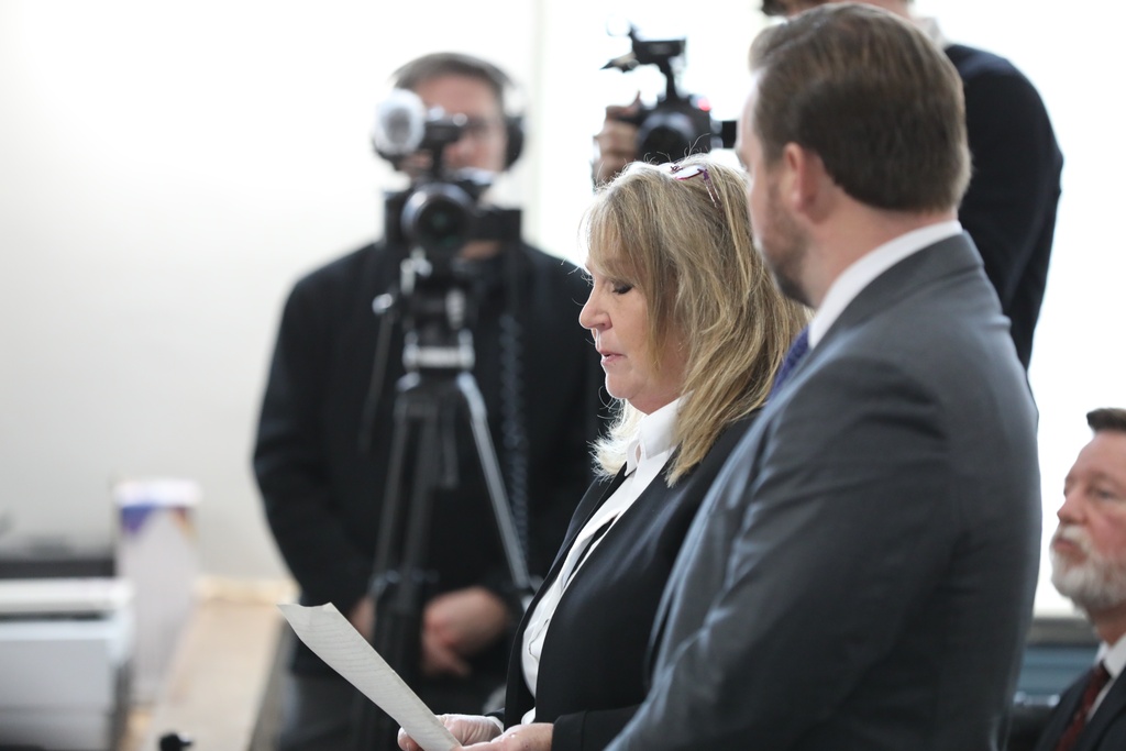 Former Colleton County Clerk of Court Mary Rebecca "Becky" Hill reads a statement as she pleads guilty on Monday, Dec. 8, 2025, in St. Matthews, S.C.. (AP Photo/Jeffrey Collins)