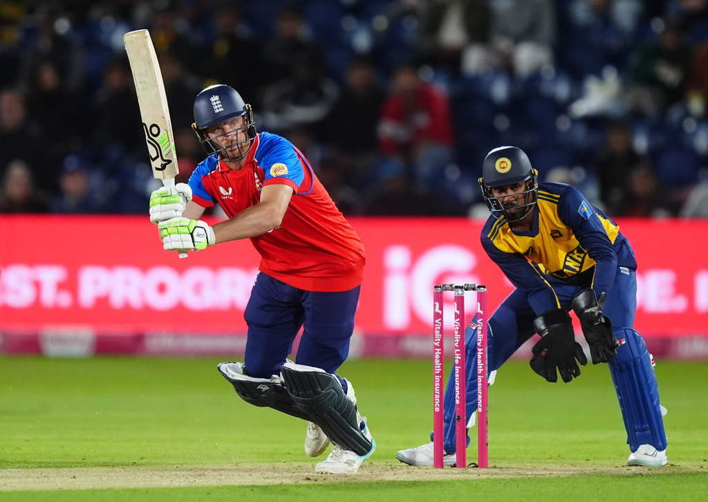 England's Jos Buttler bats during the second IT20 match between England and Sri Lanka in Cardiff, Wales, Thursday Sept. 17, 2026. (David Davies/PA via AP)