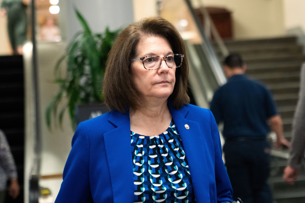 FILE - Sen. Catherine Cortez Masto, D-Nev., walks through the Capitol during votes in Washington, July 16, 2026. (AP Photo/Allison Robbert, File)