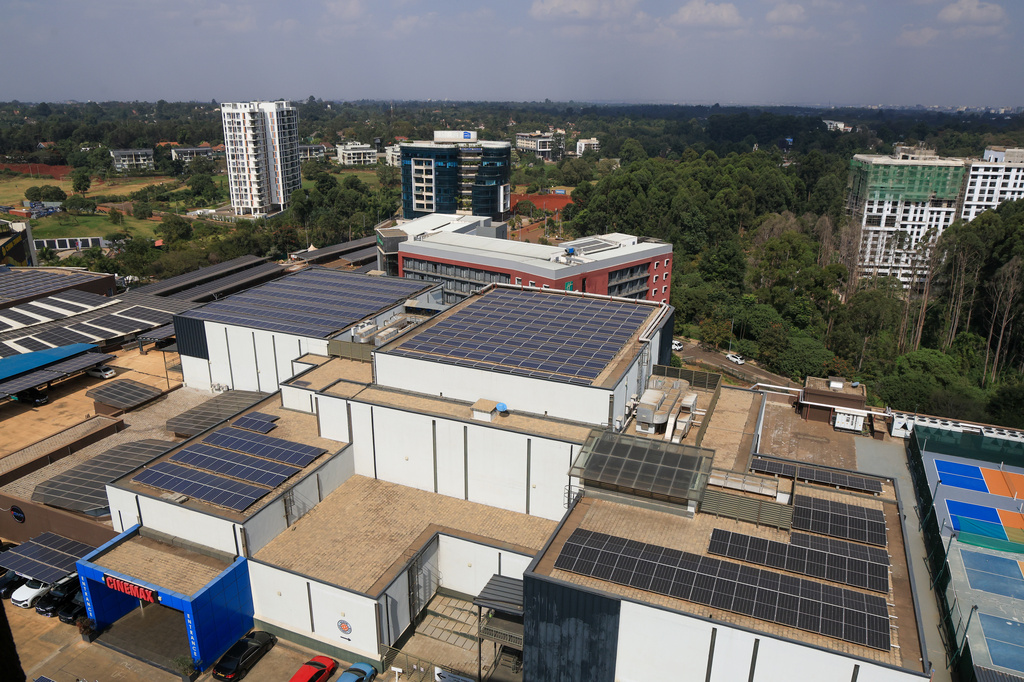 FILE - Solar power plant is seen at the car park of the two Rivers Complex in Nairobi, Kenya, July 16, 2026. (AP Photo/Andrew Kasuku, File)