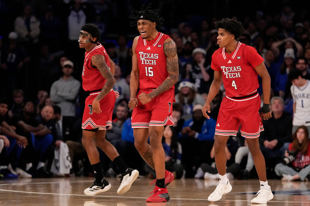 Texas Tech forward JT Toppin (15) reacts during the second half of an NCAA college basketball game against Duke, Saturday, Dec. 20, 2025, in New York. (AP Photo/Yuki Iwamura)