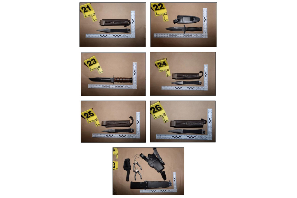 This image contained in a court filing by the Department of Justice, April 29, 2026, shows some of the weapons that Cole Tomas Allen possessed, Saturday, April 25, 2026 in Washington. (Department of Justice via AP)