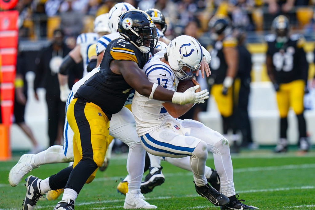 Pittsburgh Steelers defensive tackle Keeanu Benton (95) sacks Indianapolis Colts quarterback Daniel Jones (17) during the second half of an NFL football game in Pittsburgh, Sunday, Nov. 2, 2025. (AP Photo/Matt Freed)