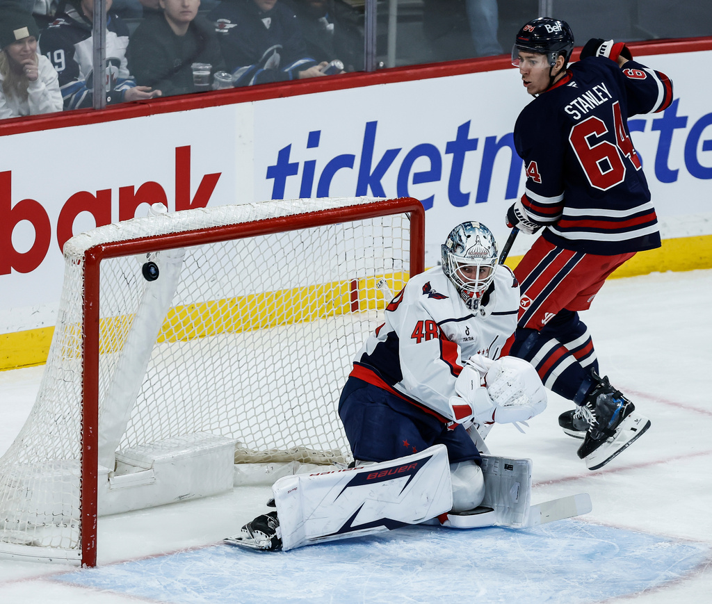 Winnipeg Jets' Logan Stanley (64) scores on Washington Capitals goaltender Logan Thompson (48) during the first period of an NHL game in Winnipeg on Saturday, Dec. 13, 2025. (John Woods/The Canadian Press via AP)