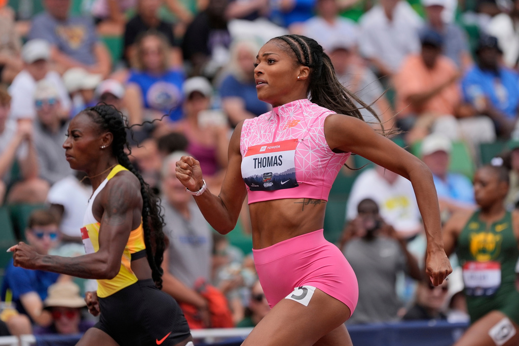 FILE - Gabby Thomas competes in the women's 200-meter semifinals during the U.S. Championships athletics meet in Eugene, Ore., Aug. 3, 2025. (AP Photo/Ashley Landis, File)