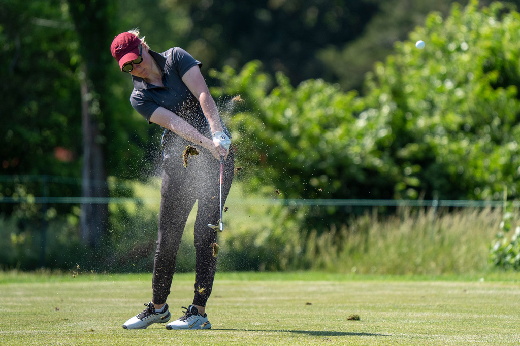 Nicole Broch Estrup hits from the 12th fairway during the first round of the ShopRite LPGA Classic golf tournament, Friday, May 29, 2026, in Galloway, N.J. (AP Photo/Chris Szagola)