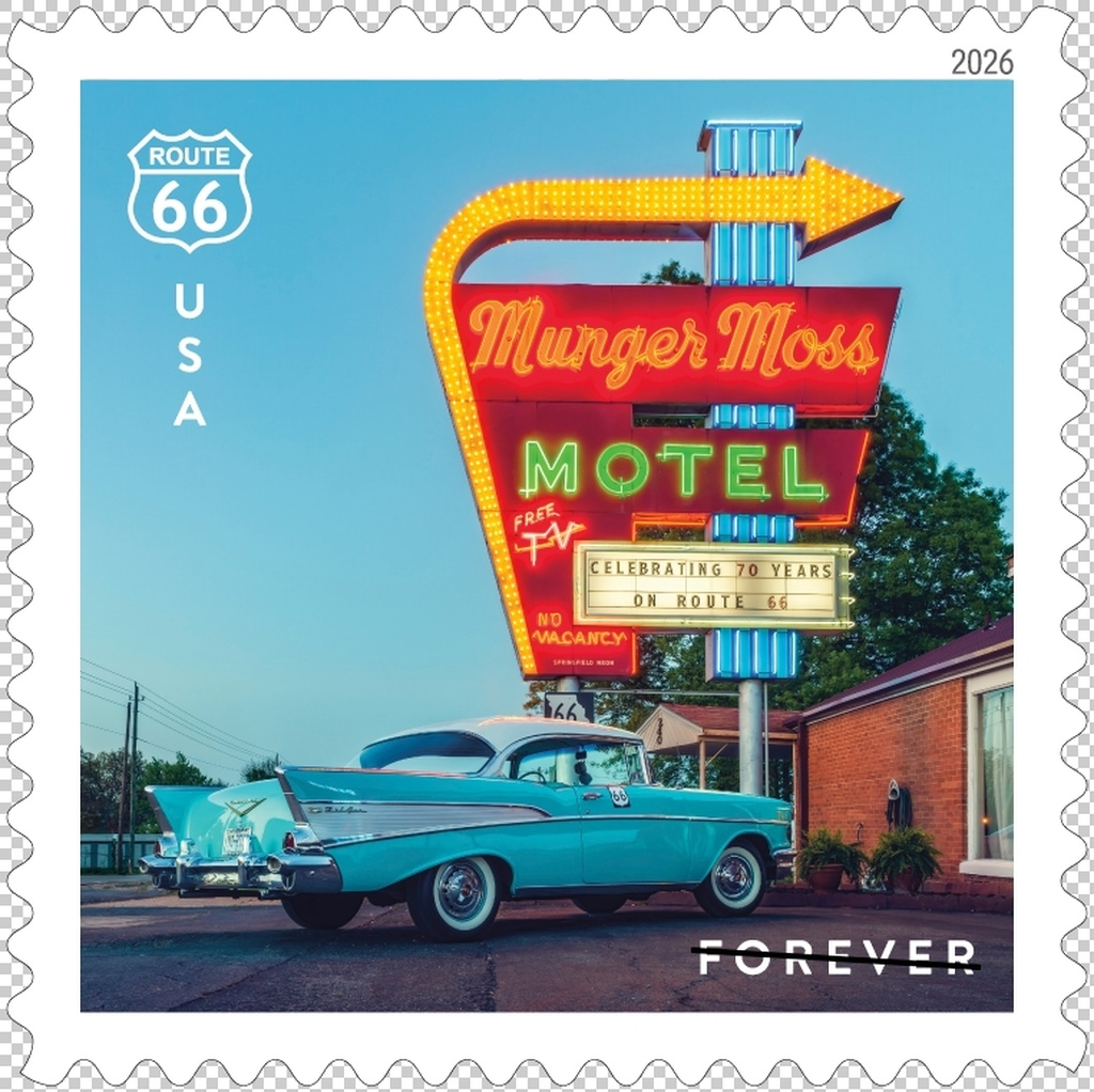 This image provided by the U.S. Postal Service shows a stamp being released in May 2026 that features a historic motel along Route 66 in Lebanon, Mo., as part of a series of stamps marking the road's centennial. (U.S. Postal Service via AP)