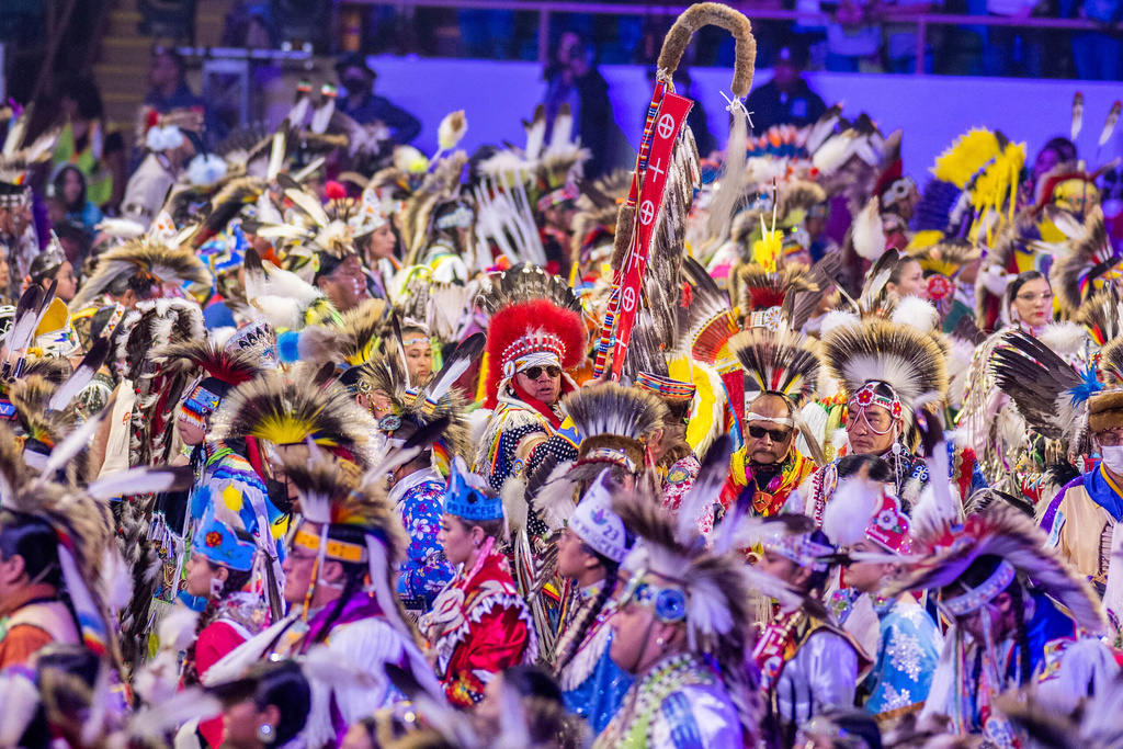 FILE - Over a thousand dancers enter the arena for the grand entry at the 40th anniversary of the Gathering of Nations Pow Wow in Albuquerque, N.M., April 28, 2023. (AP Photo/Roberto E. Rosales, File)