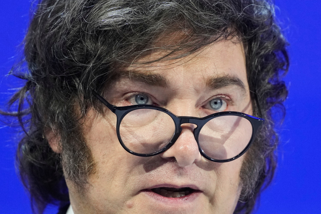 President of Argentina Javier Milei speaks during the Annual Meeting of the World Economic Forum in Davos, Switzerland, Wednesday, Jan. 21, 2026. (AP Photo/Markus Schreiber)