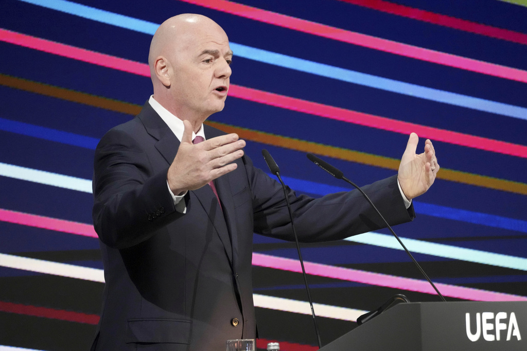 FILE - FIFA president Gianni Infantino speaks to delegates at the 49th ordinary UEFA congress in Belgrade, Serbia, April 3, 2025. (AP Photo/Darko Vojinovic, file)