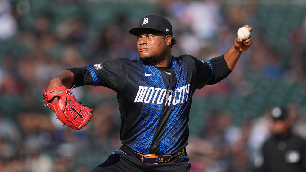 Detroit Tigers pitcher Framber Valdez throws against the New York Yankees during the first inning of a baseball game Monday, June 22, 2026, in Detroit. (AP Photo/Paul Sancya)