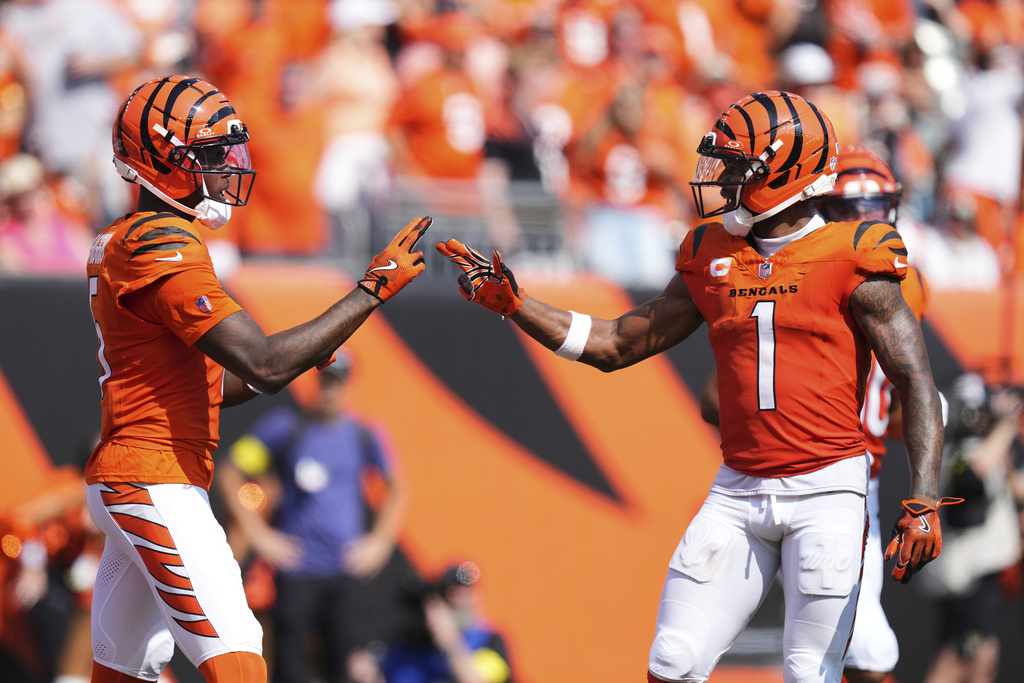 Cincinnati Bengals wide receiver Tee Higgins, left, celebrates his touchdown catch with wide receiver Ja'Marr Chase (1) during the second half of an NFL football game against the Jacksonville Jaguars, Sunday, Sept. 14, 2025, in Cincinnati. (AP Photo/Jeff Dean)