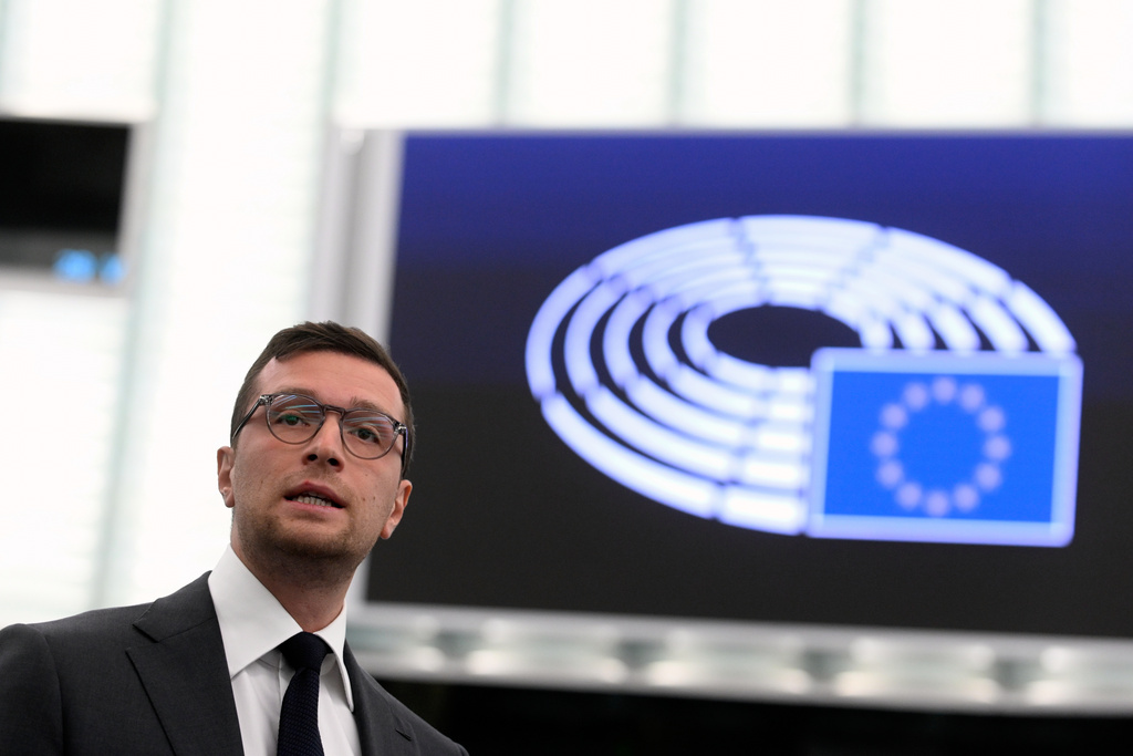 French far-right National Rally president Jordan Bardella speaks during a no-confidence debate against the European Commission, Monday, Oct. 6, 2025 at the European Parliament in Strasbourg, eastern France. (AP Photo/Pascal Bastien)