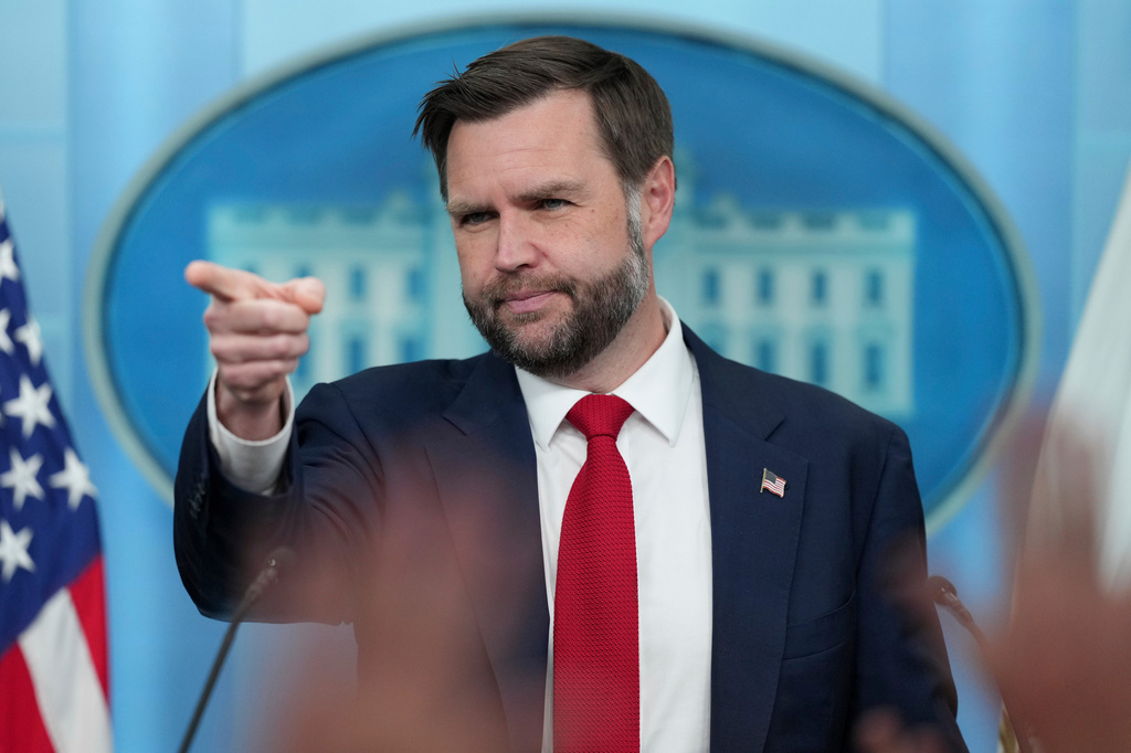 Vice President JD Vance points to a reporter to take a question in the James Brady Press Briefing Room at the White House, Thursday, June 18, 2026, in Washington. (AP Photo/Jacquelyn Martin)