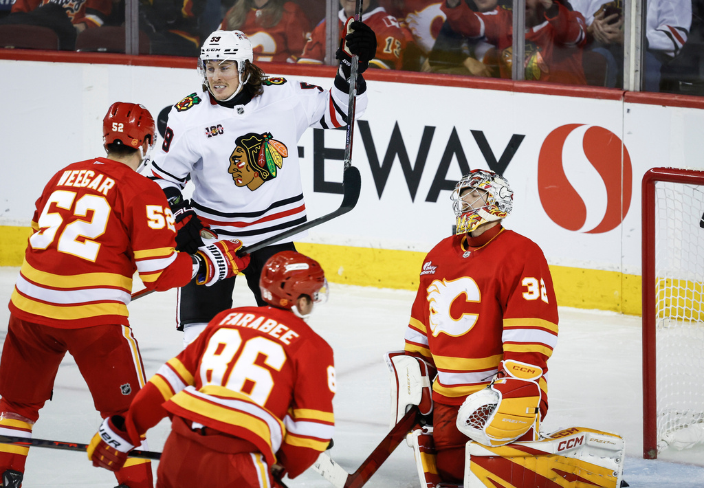 Chicago Blackhawks' Tyler Bertuzzi, top left, celebrates after a goal as Calgary Flames goalie Dustin Wolf, right, reacts during third-period NHL hockey game action in Calgary, Alberta, Friday, Nov. 7, 2025. (Jeff McIntosh/The Canadian Press via AP)