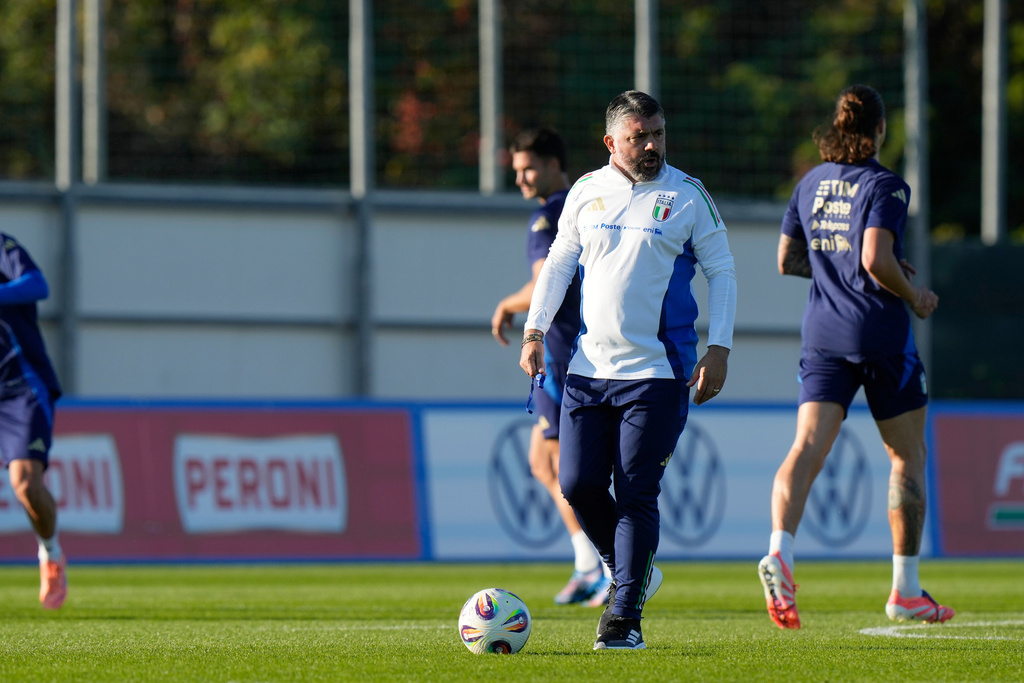 Italy's coach Gennaro Gattuso attends a new conference ahead of Tuesday's World Cup 2026, Group I qualifying soccer match between Italy and Israel at the Bruseschi training center in Udine, Italy, Monday, Oct.13, 2025. (AP Photo/Luca Bruno)