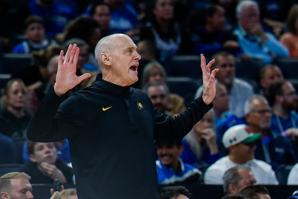 Indiana Pacers head coach Rick Carlisle reacts to his team as they play against the Orlando Magic during the first half of an NBA basketball game, Sunday, Jan. 4, 2026, in Orlando, Fla. (AP Photo/Kevin Kolczynski)