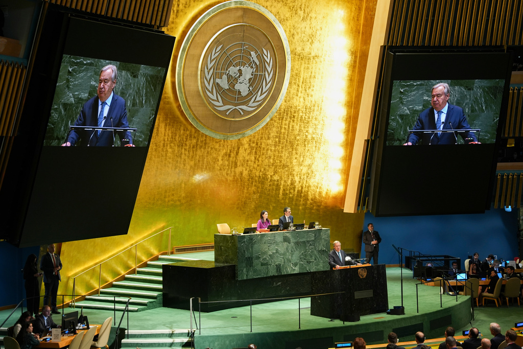 Secretary General Antonio Guterres addresses the 80th session of the United Nations General Assembly, Tuesday, Sept. 23, 2025, at UN headquarters. (AP Photo/Angelina Katsanis)