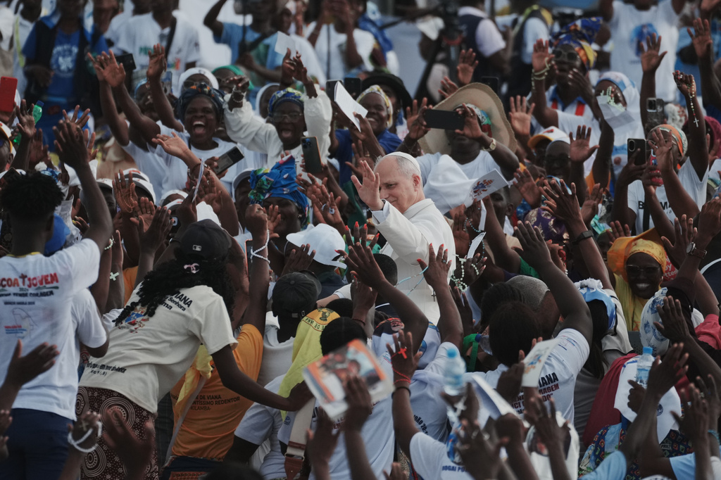 Pope Leo XIV arrives at the esplanade in front of the Sanctuary of Mama Muxima, in Muxima, Angola, Sunday, April 19, 2026. (AP Photo/Andrew Medichini)