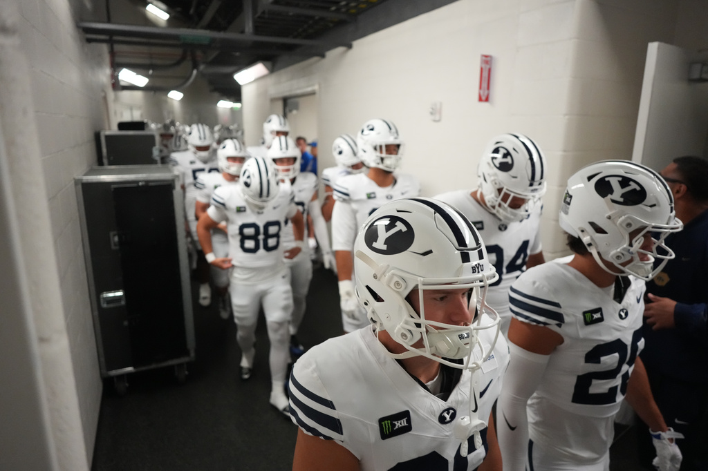 BYU players leave the locker room for the first half of an NCAA college football game agianst Colorado State Saturday, Sept. 19, 2026, in Fort Collins, Colo. (AP Photo/David Zalubowski)